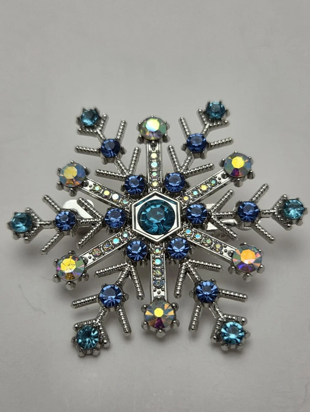 Snowflake Brooch Blue and Iridescent